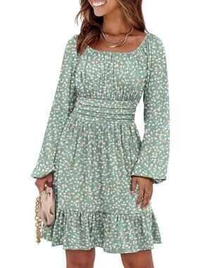 Women's Orange White Long Lantern Sleeve Ruffle Flowy Swing A-Line Short Dress